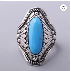 Southwestern Textured Blue silver Long Oval Ring size 7 Bohemian *